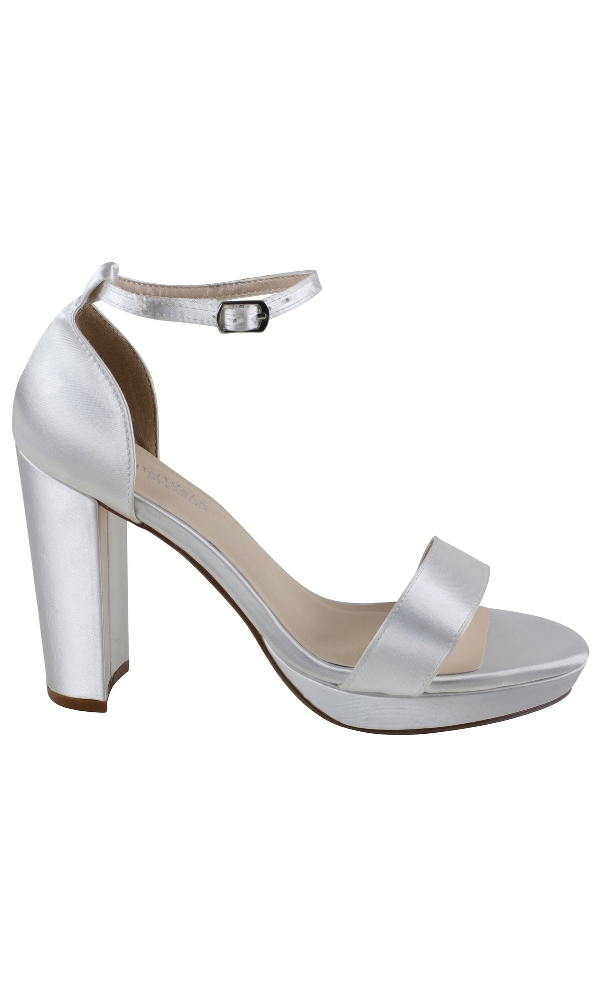 The Mia White Open Toe Prom Shoes 4579 feature a single front strap, ankle buckle closure, and block heel in a chic design—shown in side profile, they're perfect as elegant prom shoes.